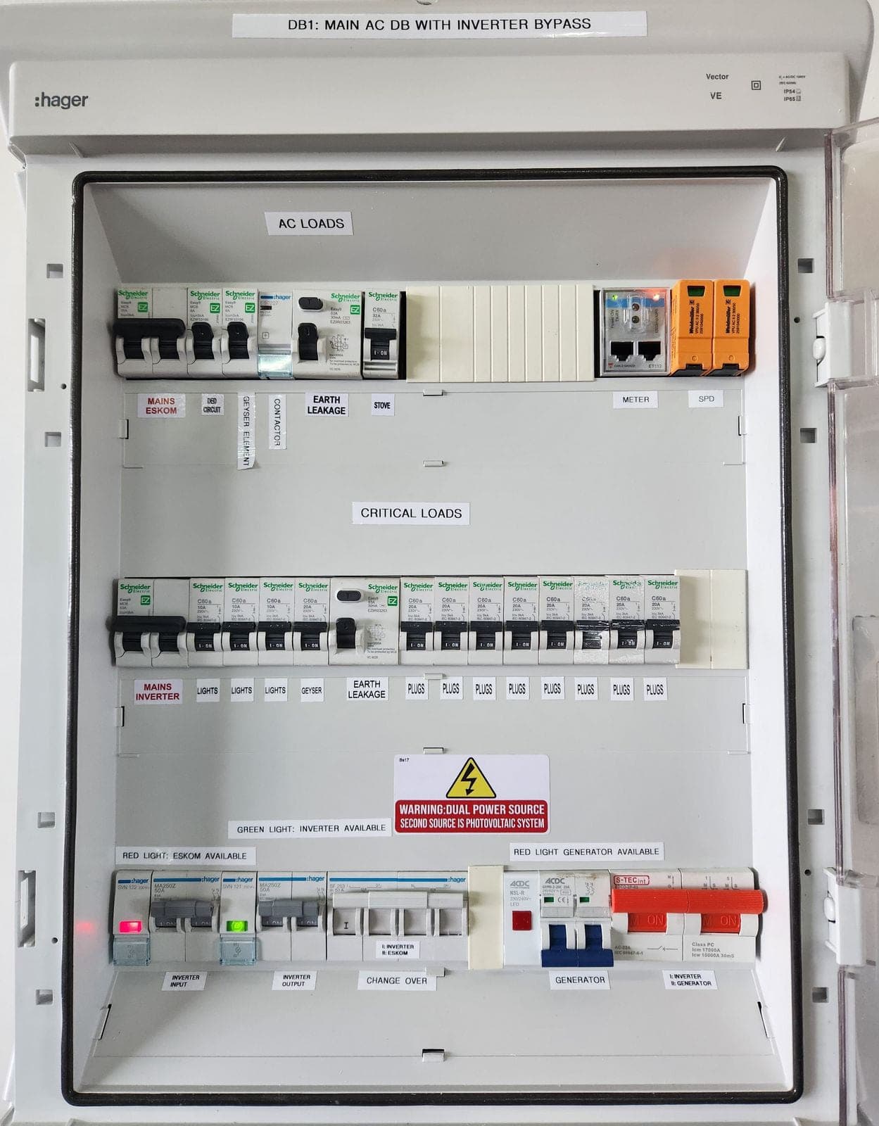 Main AC distribution board open, showing labelled circuits and inverter bypass