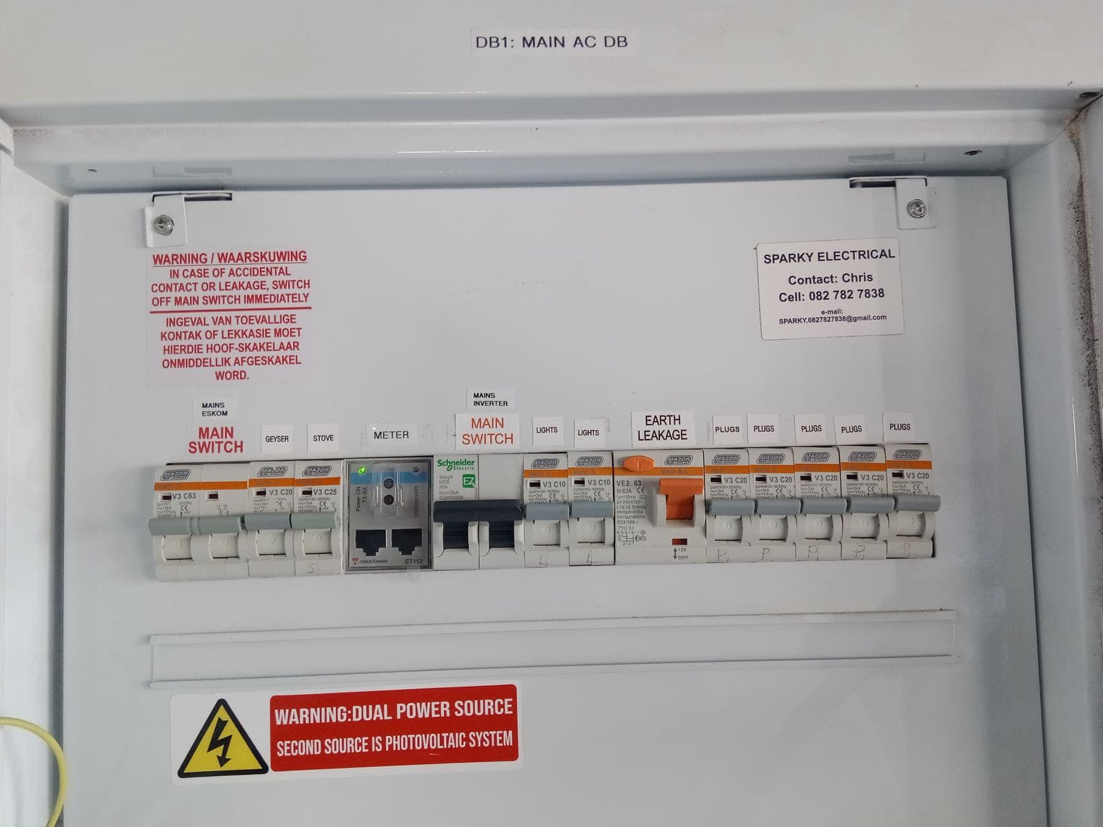 Main AC distribution board with labelled circuits